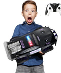 Boy holding Remote Control Police Car With Lights And Sirens For Kids 1 To 8 Scale RC Cop Truck with controller on top right