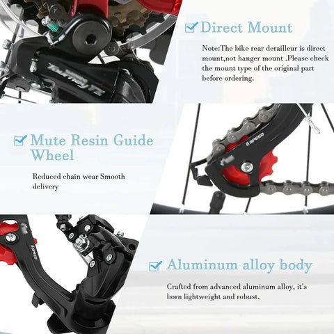 Direct Mount 6 Speed Bicycle Rear Derailleur with Bracket in Red featuring durable steel body and lightweight 11T guide wheel.