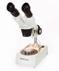 Forward Binocular Stereo Microscope With 20x 40x And 80x Magnifications Widefield WF10x And WF20x Lenses Built In Top And Bottom Lights Sturdy Metal Pillar Stand Ideal For Detail Work Education And DIY Inspection white binocular microscope with WF10x eyepieces and metal pillar stand