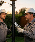 Two electricians using a Heavy Duty Wire Stripper Tool Combo Set With Grip Pliers for electrical repairs outdoors.