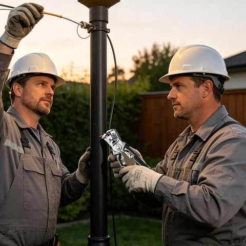 Two electricians using a Heavy Duty Wire Stripper Tool Combo Set With Grip Pliers for electrical repairs outdoors.