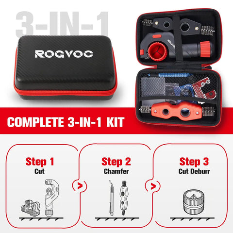 Copper Pipe Cutter Kit with Mini Tube Cutter and Bearing-Style Cutter Deburring and Chamfer Tools in EVA Case, 3-in-1 set