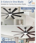 65 Inch Ceiling Fan With Lights And Remote Black Finish With Dimmable 3000K To 6000K Color Temperature Whisper Quiet Reversible DC Motor Six Speeds Eight Blades Indoor Outdoor For Patios Living Room, dual black and walnut blade color options, shown in modern interiors.