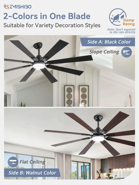 65 Inch Ceiling Fan With Lights And Remote Black Finish With Dimmable 3000K To 6000K Color Temperature Whisper Quiet Reversible DC Motor Six Speeds Eight Blades Indoor Outdoor For Patios Living Room, dual black and walnut blade color options, shown in modern interiors.