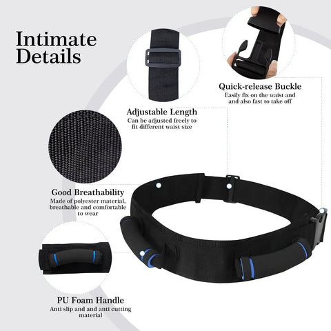 Diagram of Gait Transfer Belt For Seniors With Three Handles And Quick Release Buckle, highlighting features and materials