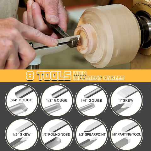 Eight Piece High Speed Wood Lathe Chisel Set With Parting Tool And Gouges for effortless woodturning showcased in use.