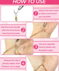Instructions showing how to use Bracelet Helper Tool Set With Retractable Hooks And Non Slip Clips For Necklace Jewelry And Watch