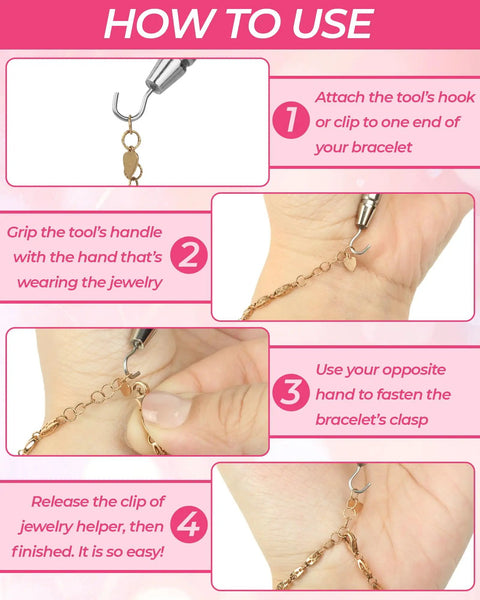 Instructions showing how to use Bracelet Helper Tool Set With Retractable Hooks And Non Slip Clips For Necklace Jewelry And Watch