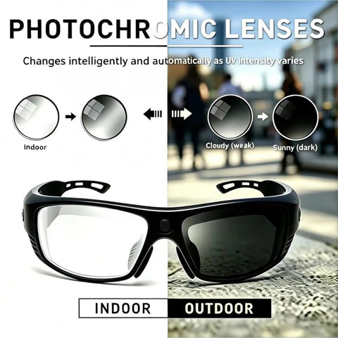 Bluetooth Safety Glasses With Photochromic Lenses And Crisp Clear Audio For The Daily Grind displaying indoor and outdoor lens transitions.