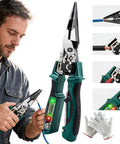 4 In 1 Wire Stripping Pliers With LCD Voltage Display, Heavy Duty Steel Workhorse Multitool For Electricians, Foldable Cable Cutter, Crimping, Cutting And Wire Testing, 12 To 250V, 220mm steel and ABS