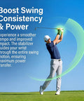 Golfer using Golf Wrist Training Aid Wrist Brace To Fix Wrist Angle And Alignment For A Clean Swing Game Changer For Beginners And Pros.