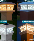 Solar Post Cap Lights Outdoor 8 LED Two Color Modes on vinyl, wooden, metal, and composite posts at night