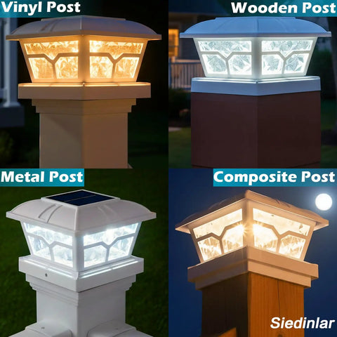 Solar Post Cap Lights Outdoor 8 LED Two Color Modes on vinyl, wooden, metal, and composite posts at night