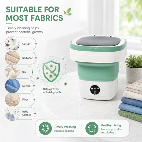 Portable Foldable Mini Washing Machine With Fast Spin Dryer And Flexible Wash Options For Baby Gear Gym Socks and Road Trips on a countertop.