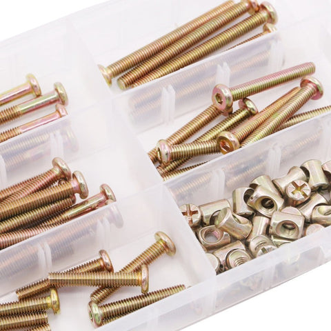 100-Piece M6 Zinc Plated Crib Screws Kit With Hex Drive Socket Cap Barrel Screws And Nuts For Furniture, Cots, Beds, Cribs, And Chairs in box