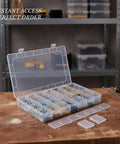 Portable Tool Box Organizer with clear compartments and dividers shown open on a workbench, ideal for screws and bolts storage.