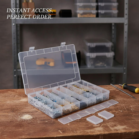 Portable Tool Box Organizer with clear compartments and dividers shown open on a workbench, ideal for screws and bolts storage.