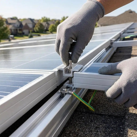 Hands using heavy duty solar panel mid clamp fastener for PV mounting system on roof solar panels, anodized aluminum construction.