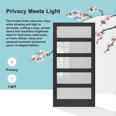 Tempered Frosted Glass Sliding Barn Door With 7 Ft Hardware Kit And Handle, Solid Core Wood Construction, Black Finish