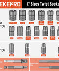 Slim Bolt Extractor Set 21 Piece With Three Eighth Inch And One Quarter Inch Drive Impact Stripped Bolt Extractor And Nut Remover Tool Easy Twist Socket For Removing Rusted Bolts T38320 with sockets and adapters displayed