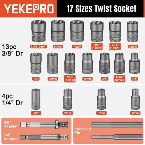 Slim Bolt Extractor Set 21 Piece With Three Eighth Inch And One Quarter Inch Drive Impact Stripped Bolt Extractor And Nut Remover Tool Easy Twist Socket For Removing Rusted Bolts T38320 with sockets and adapters displayed