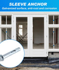 20 Pack 1/2 X 3-Inch Sleeve Anchors For Concrete, Masonry And Brick With Hex Head, Zinc Plated, shown securing door frame