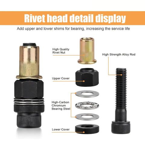 Detailed view of rivet head components from All In One 7 Piece Manual Rivet Gun Set M3 To M12 Built To Last, Super Easy To Use.