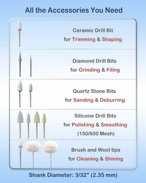 Accessory tips for High Speed USB C Corded Polishing Kit, including ceramic, diamond, quartz, silicone, brush, and wool tips.