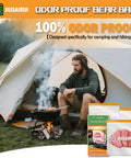 Odor Proof Bear Bags For Food Backpacking 3 Pack Reusable Bear Proof Storage next to camping tent with fire pit