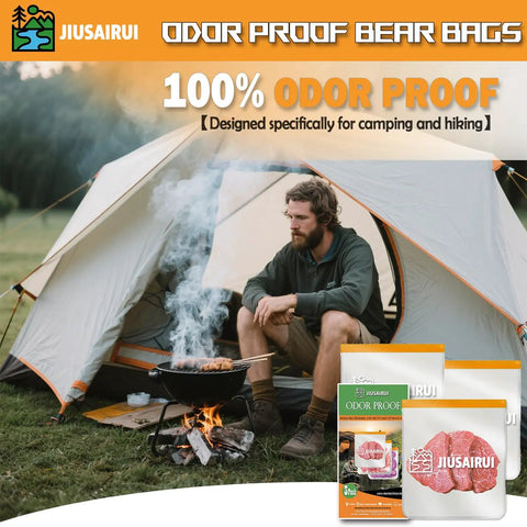 Odor Proof Bear Bags For Food Backpacking 3 Pack Reusable Bear Proof Storage next to camping tent with fire pit