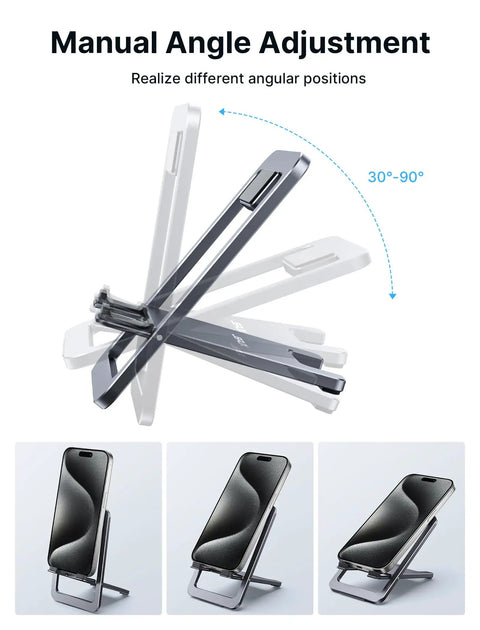 Foldable Aluminum Phone Stand For Desk Adjustable Viewing Angle Portable Travel Companion Premium Office Accessory shown in different angles