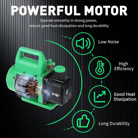 4.5 CFM Vacuum Pump Kit With Brass Manifold Gauge Quick Couplers Can Taps And Valve Core Tool For R134A R12 R22 R502 Refrigerants And DIY Friendly AC Maintenance Garage Ready, green motor