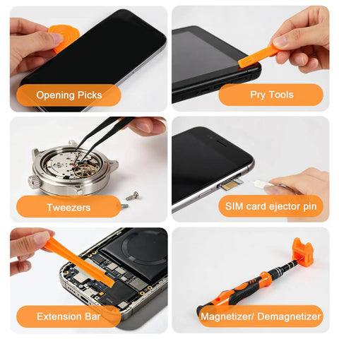 The Ultimate 115 In 1 Magnetic Precision Screwdriver Tool Kit For Electronics Repair With Torx Bits Flexible Shaft Driver Set Perfect Gifts for Guys Fixing Laptops Phones MacBooks PS5 Xbox Gaming Consoles Smartwatches And Eyewear. orange pry tools and opening picks set for phone repair