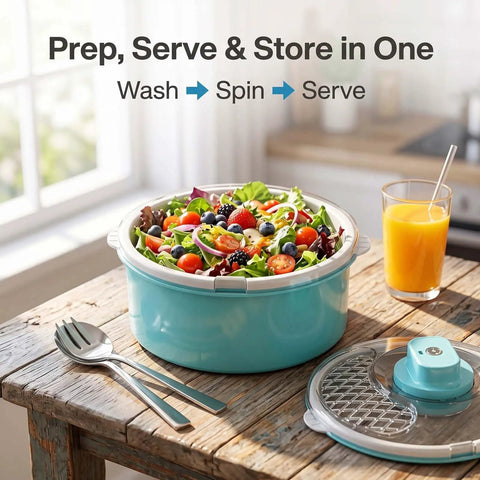 Electric Salad Spinner And Produce Washer To Wash And Spin Dry Leafy Greens Berries Or Fresh Veggies Fast With A Steady Non Slip Base That Makes Kitchen Cooking And Cleanup Totally Hassle Free In Blue with salad and tools on a wooden table.