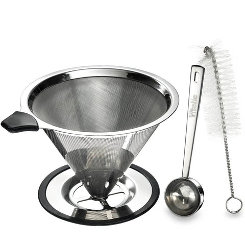 Pour Over Coffee Dripper With Cup Stand Size 4 Ultra Fine Micro Mesh Filter Paperless And Reusable For Manual Brewing Delivers Rich Barista Vibes At Home Includes Bonus Scooping Spoon And Cleaning Brush displayed