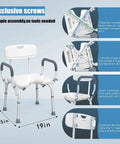 Diagram of Heavy Duty Shower Chair Bath Seat explaining tool-free assembly with dimensions and padded armrests visible.