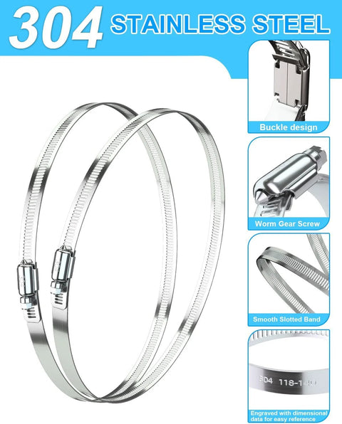 4 inch stainless steel hose clamps with smooth edges and corrosion resistance, featuring buckle design and worm gear screw.