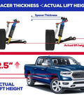 Heavy Duty 2.5 Inch Front Leveling Kit For Ram 1500 Solid Aluminum Strut Spacers showing spacer thickness vs actual lift height.