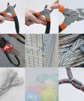 Collage featuring Beefy Hog Ring Pliers Kit With 100 Pcs Galvanized Rings for auto upholstery, fencing, pet cages, and DIY projects.