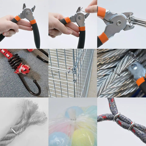 Collage featuring Beefy Hog Ring Pliers Kit With 100 Pcs Galvanized Rings for auto upholstery, fencing, pet cages, and DIY projects.