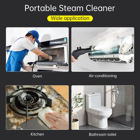 Beast 1800W High Pressure Handheld Steam Cleaner With 100C Steam Temperature in use for cleaning oven, air conditioner, kitchen, and bathroom surfaces