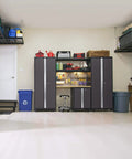 Gray 11 Piece Garage Storage Cabinet Set With 24 Gauge Fully Welded Steel Construction Tough As Nails Heavy Duty Design featuring organized tools and equipment.