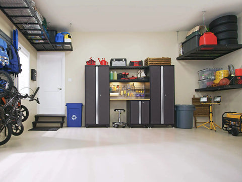 Gray 11 Piece Garage Storage Cabinet Set With 24 Gauge Fully Welded Steel Construction Tough As Nails Heavy Duty Design featuring organized tools and equipment.