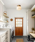 Modern Brushed Gold Semi Flush Drum Ceiling Light Fixture With Milk Glass Shade in laundry room