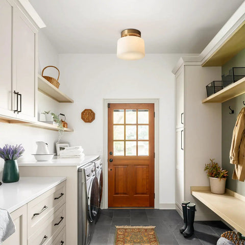 Modern Brushed Gold Semi Flush Drum Ceiling Light Fixture With Milk Glass Shade in laundry room