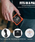 Person holding Pro Grade Digital Angle Finder With Laser Four Side Magnetic Digital Angle Gauge Handy Rechargeable Mini Laser Level Cube Inclinometer With Backlight For Woodworking Tablesaw All In One Gift For Men Orange in a palm.