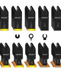 AMZWEI titanium oscillating tool blades, curved-edge, 50-piece set with quick-release adapters
AMZWEI titanium oscillating tool blades, curved-edge, 50-piece set, side view with stacked blades
AMZWEI titanium oscillating tool blade close-up, curved-edge teeth and quick-release adapters