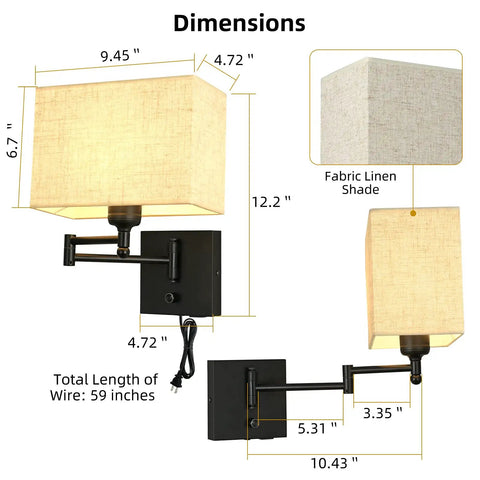 Dimensions of Cozy 9.5 Inch Wall Lamp With USB Port Dimmer Swing Arm Plug In Cord Beige Fabric Shade Ideal For Bedroom Living Room