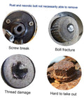 Four close-up images showing rusted and damaged screws and bolts, illustrating use for Bolt Extractor Set 5 Pieces Tap Extractors.