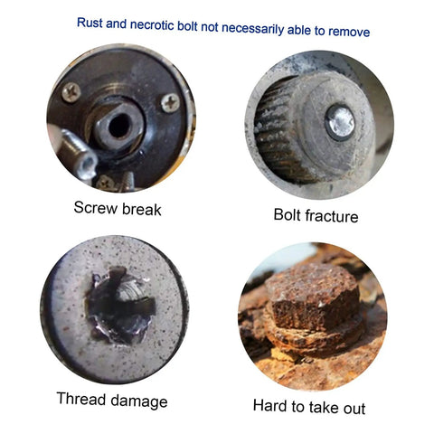 Four close-up images showing rusted and damaged screws and bolts, illustrating use for Bolt Extractor Set 5 Pieces Tap Extractors.